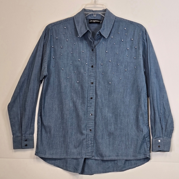 Karl Lagerfeld Pearl Embellished Women's Denim Button Down Shirt sz L - Picture 1 of 2